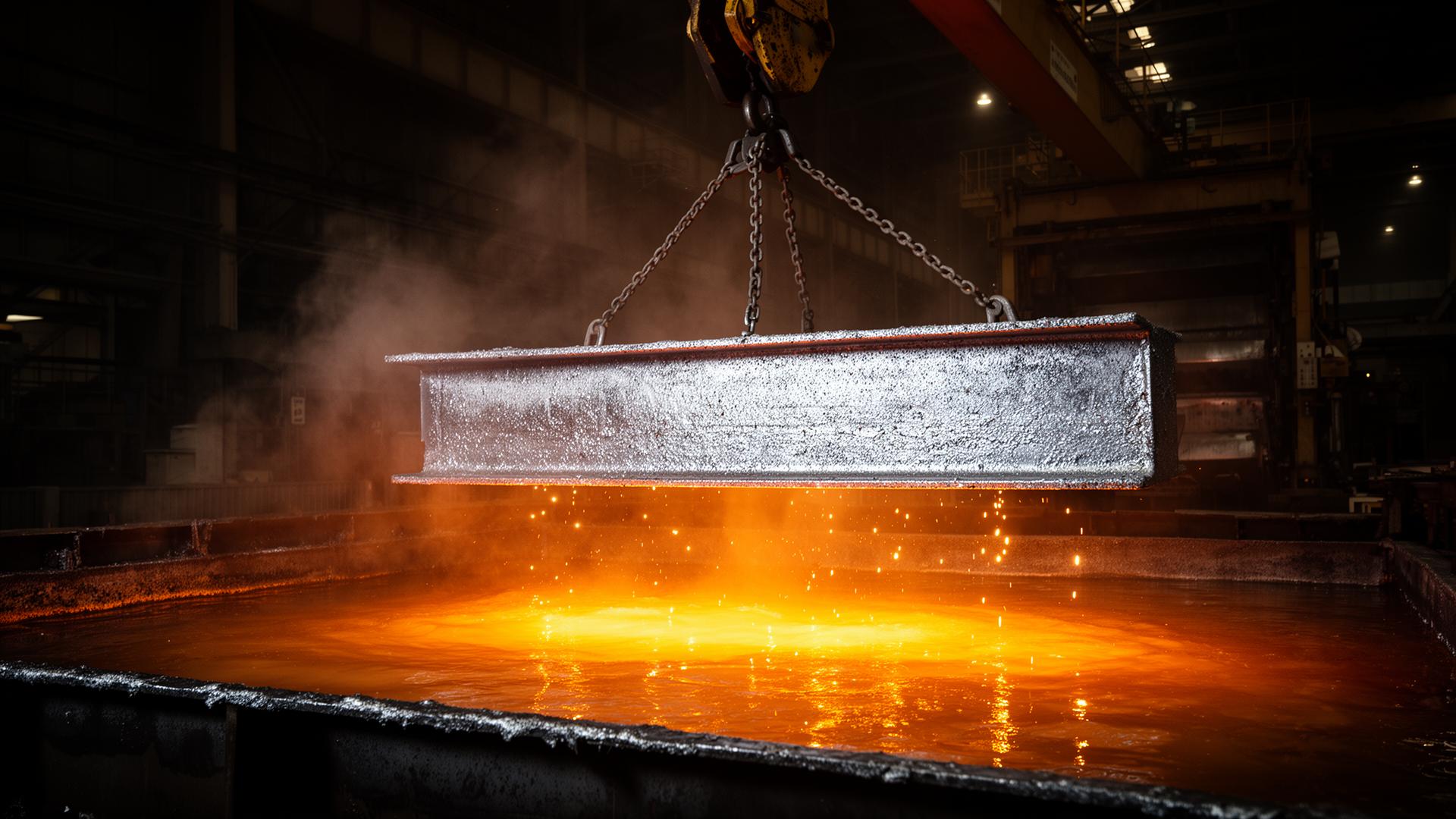 Varmforzinkning: stålemne sænkes i smeltet zinkbad ved 450 °C